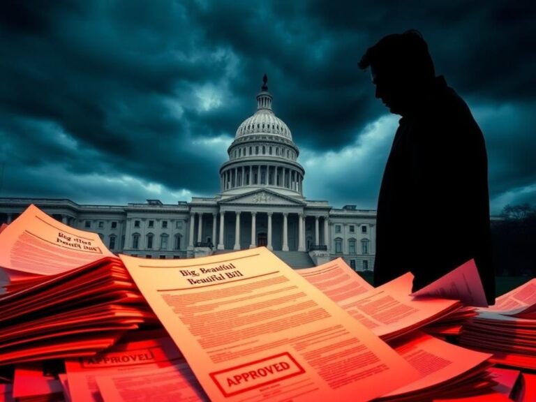 Flick International A dramatic view of the United States Capitol building against a stormy sky with scattering documents labeled 'Big, Beautiful Bill'