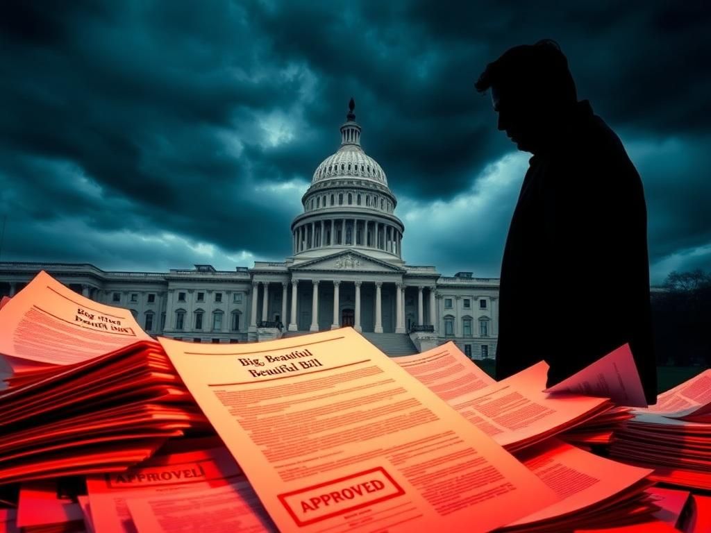 Flick International A dramatic view of the United States Capitol building against a stormy sky with scattering documents labeled 'Big, Beautiful Bill'