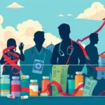 Flick International Illustration of healthcare reform with transparent barriers showcasing prescription bottles and medical bills against abstract figures of middlemen