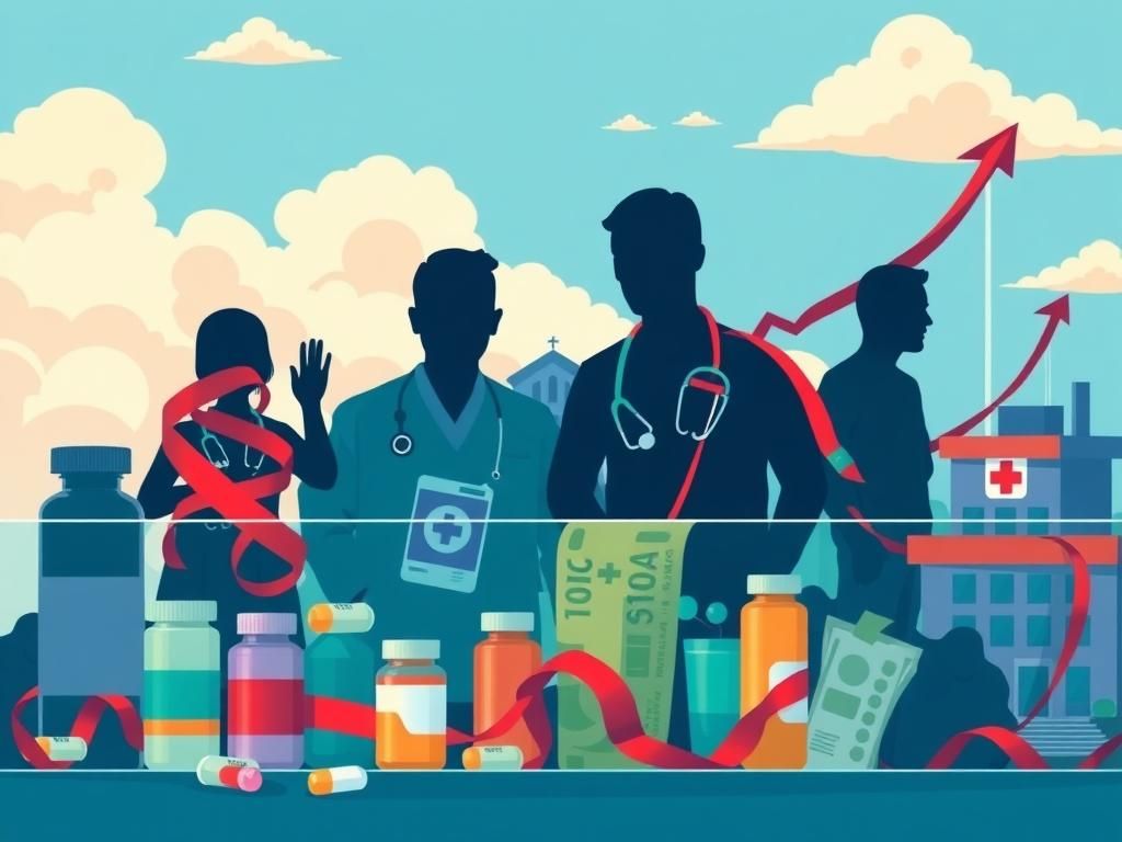 Flick International Illustration of healthcare reform with transparent barriers showcasing prescription bottles and medical bills against abstract figures of middlemen