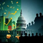 Flick International Split scene depicting political tension over congressional stock trading, contrasting Wall Street prosperity with the darkened Capitol.