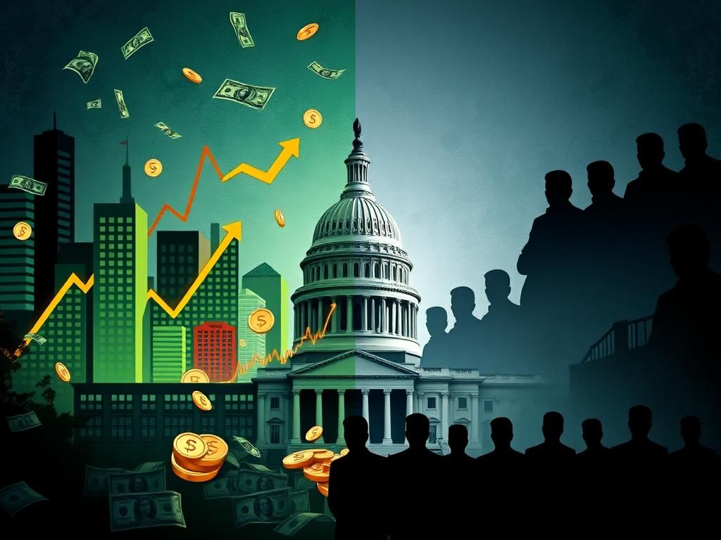 Flick International Split scene depicting political tension over congressional stock trading, contrasting Wall Street prosperity with the darkened Capitol.