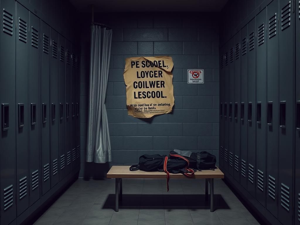 Flick International A traditional school locker room depicting closed lockers and a partially drawn shower curtain, illustrating the tense environment surrounding transgender policies.