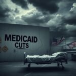 Flick International A crumbling wall labeled 'Medicaid Cuts' in an empty hospital room symbolizing government budget cuts