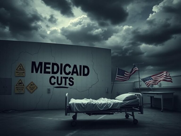 Flick International A crumbling wall labeled 'Medicaid Cuts' in an empty hospital room symbolizing government budget cuts