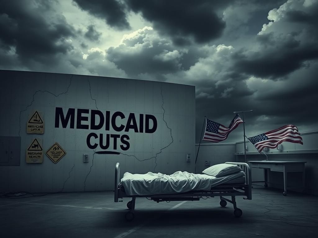 Flick International A crumbling wall labeled 'Medicaid Cuts' in an empty hospital room symbolizing government budget cuts
