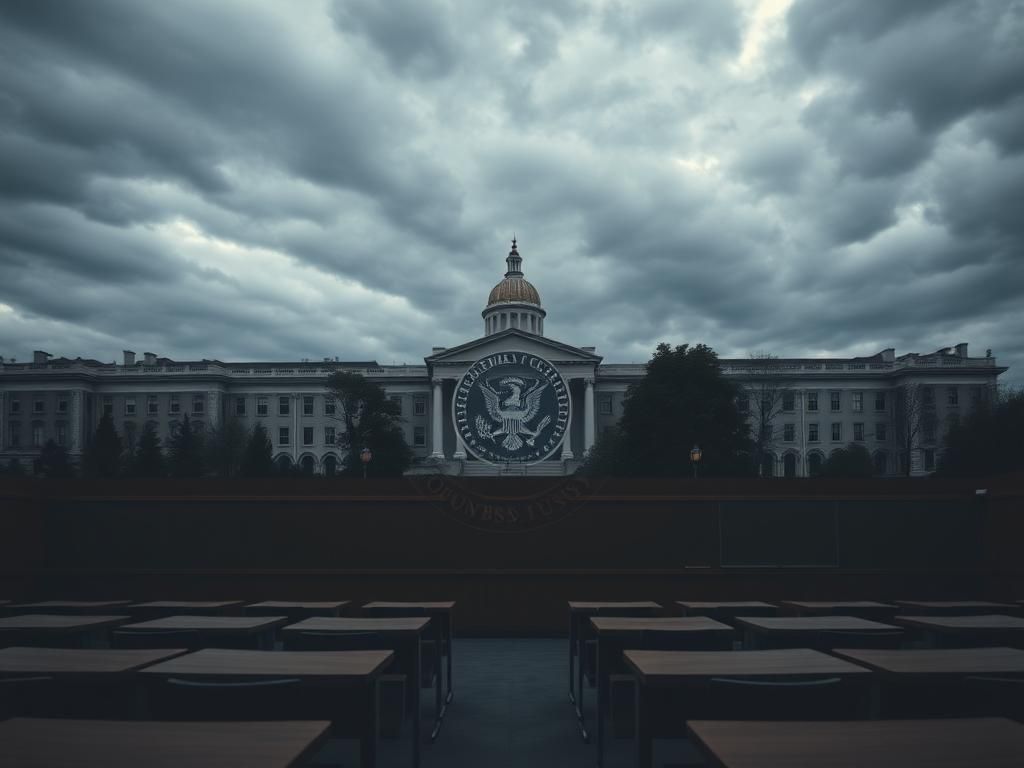 Flick International Columbia University campus under somber cloudy sky with empty lecture hall