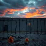 Flick International A somber prison yard scene at dusk with heavy iron bars and broken chains symbolizing confinement and lost potential