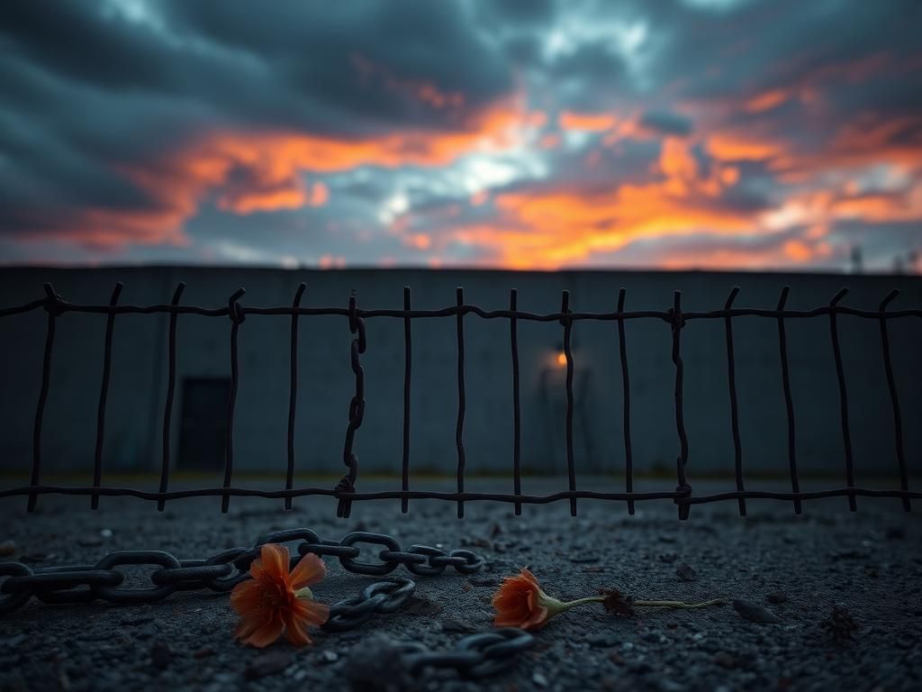 Flick International A somber prison yard scene at dusk with heavy iron bars and broken chains symbolizing confinement and lost potential