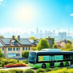 Flick International A vibrant, eco-friendly cityscape with solar panels and wind turbines promoting sustainability