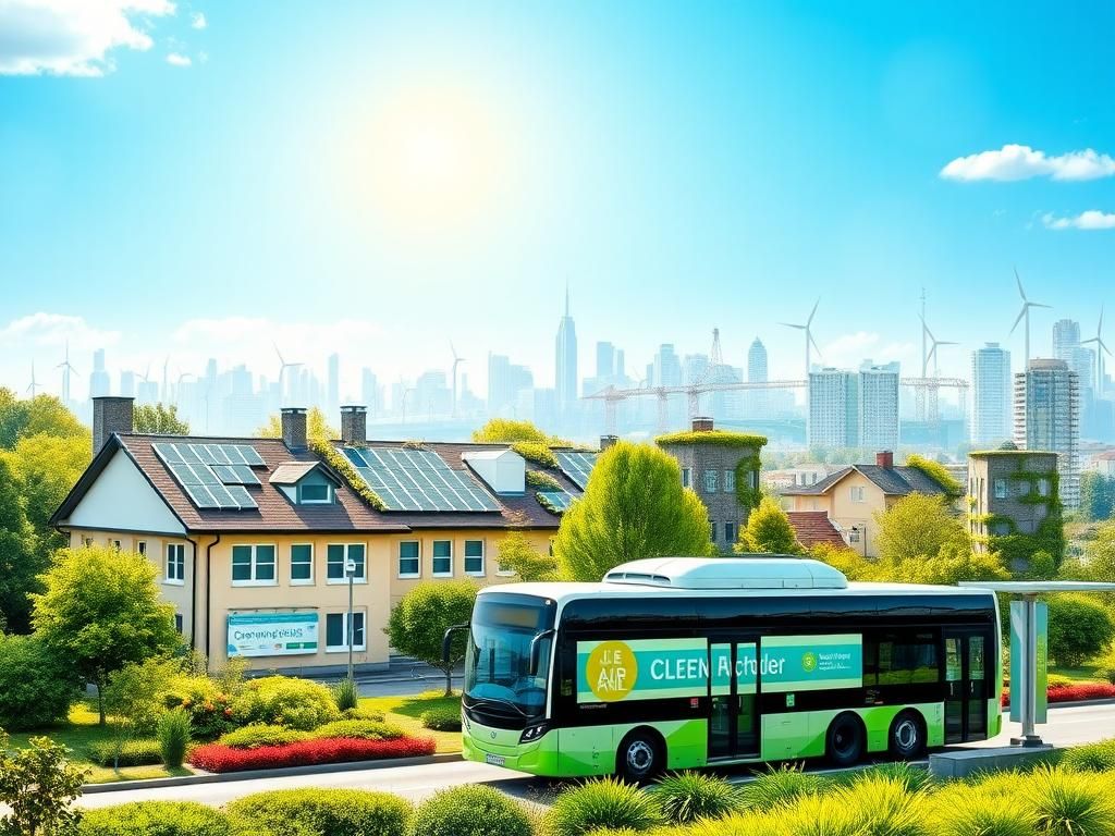 Flick International A vibrant, eco-friendly cityscape with solar panels and wind turbines promoting sustainability