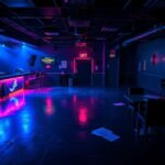 Flick International Dimly lit underground nightclub scene with colorful neon lights and abandoned furniture