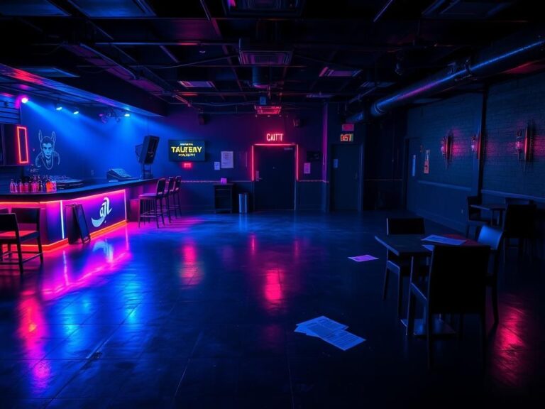 Flick International Dimly lit underground nightclub scene with colorful neon lights and abandoned furniture