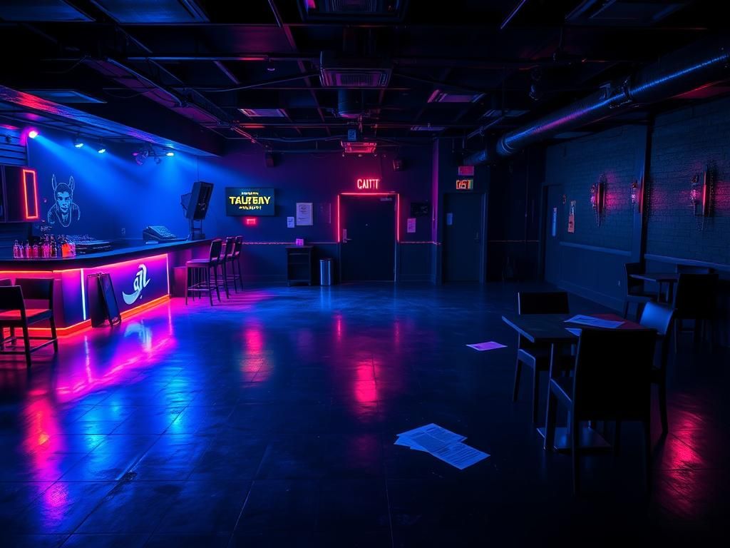 Flick International Dimly lit underground nightclub scene with colorful neon lights and abandoned furniture