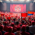 Flick International Crowded stadium filled with supporters in red hats and vibrant banners symbolizing unity and excitement