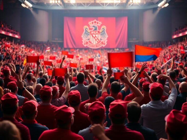 Flick International Crowded stadium filled with supporters in red hats and vibrant banners symbolizing unity and excitement