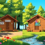 Flick International A serene campground scene depicting two distinct cabins representing biological sex and gender identity at a federally funded camp.