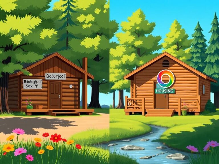 Flick International A serene campground scene depicting two distinct cabins representing biological sex and gender identity at a federally funded camp.