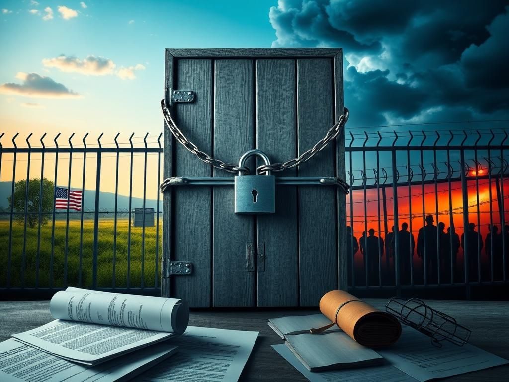 Flick International Conceptual representation of U.S. immigration policy featuring a closed door symbolizing border security.