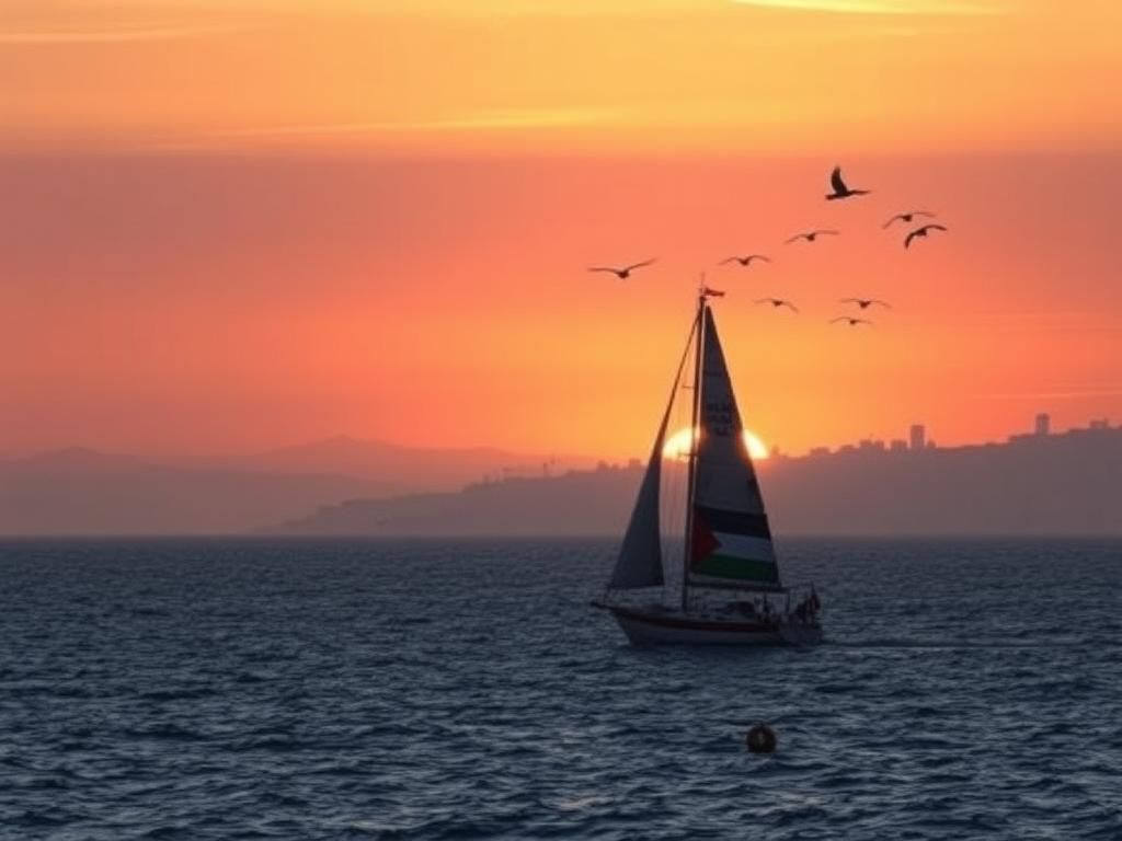 Flick International A Palestinian-flagged sailing vessel at dusk, symbolizing hope and uncertainty on its way to Gaza.