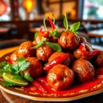 Flick International Colorful Thai Dragon Balls dish with spicy meatballs and bird's eye chilies