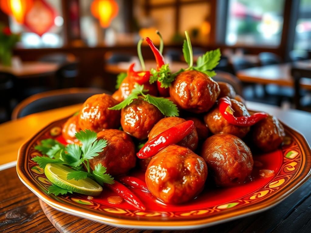 Flick International Colorful Thai Dragon Balls dish with spicy meatballs and bird's eye chilies