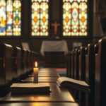 Flick International Dimly lit church interior with stained glass windows and empty pews