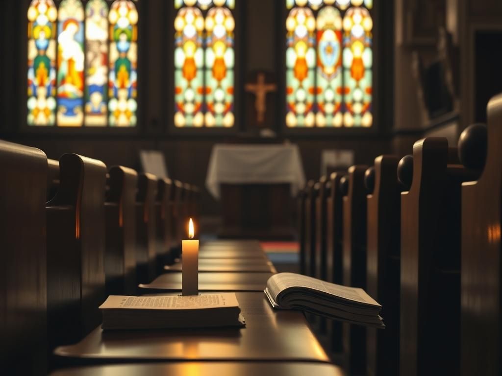 Flick International Dimly lit church interior with stained glass windows and empty pews