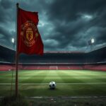 Flick International Empty football stadium under dark skies symbolizing Manchester United's recent struggles