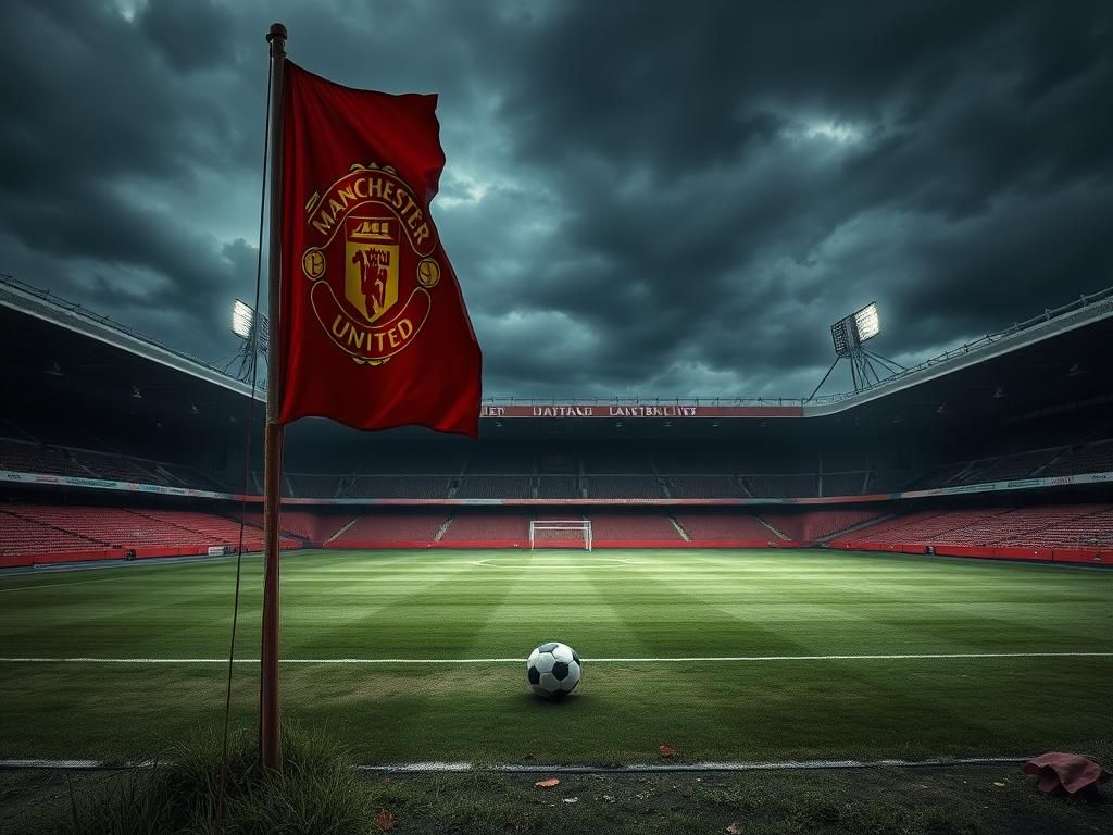 Flick International Empty football stadium under dark skies symbolizing Manchester United's recent struggles