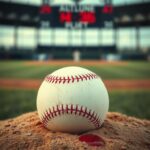 Flick International Close-up of a baseball resting on the pitcher's mound with blood droplets on the ground, capturing the aftermath of a line drive impact.