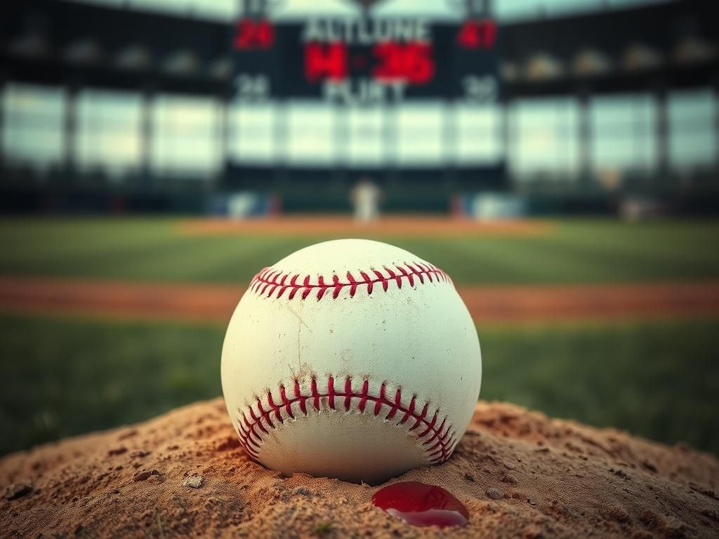 Flick International Close-up of a baseball resting on the pitcher's mound with blood droplets on the ground, capturing the aftermath of a line drive impact.