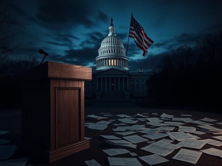 Flick International Weathered wooden podium with scattered papers representing upcoming hearing on antisemitic violence