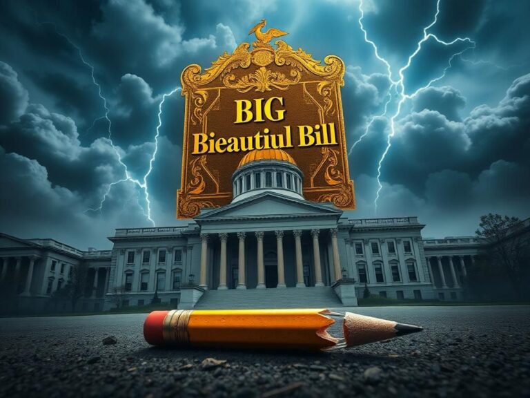 Flick International A large, ornate gilded bill looming over an imposing government building, symbolizing legislative agenda.