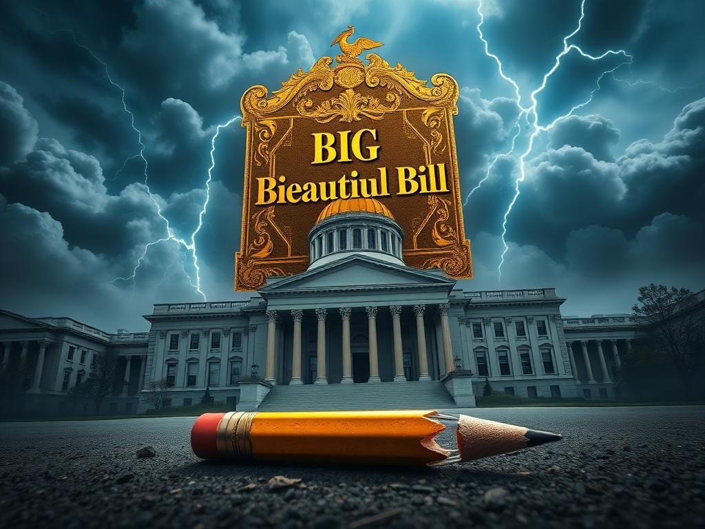 Flick International A large, ornate gilded bill looming over an imposing government building, symbolizing legislative agenda.