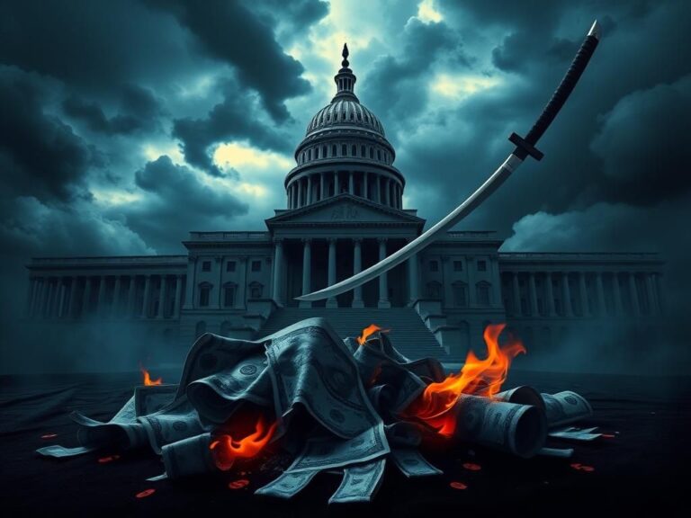 Flick International Ominous representation of Congress with crumpled budget bill and stormy skies