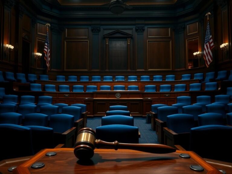 Flick International A somber Senate chamber with empty dark blue seats and a large gavel on the wooden dais