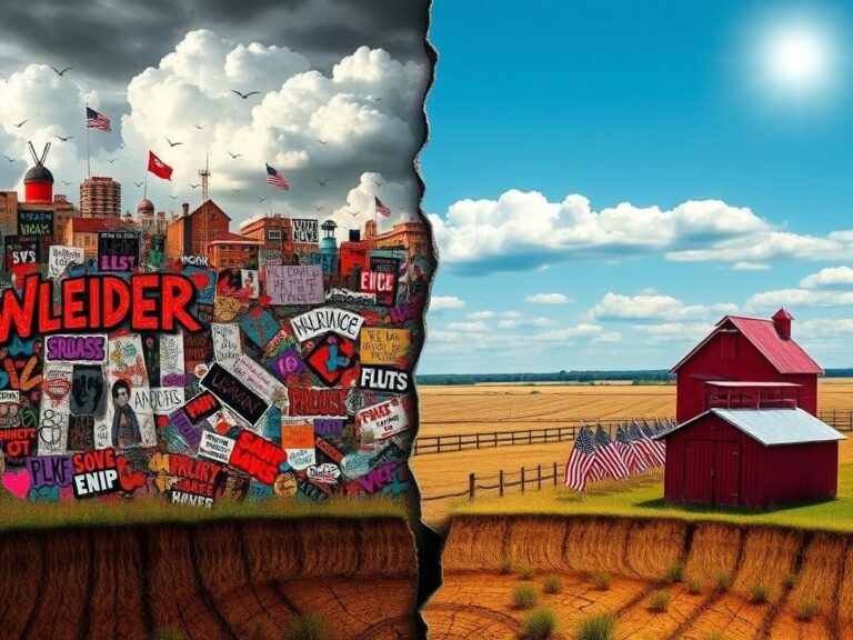 Flick International A split landscape depicting a cultural divide in America with urban chaos on the left and rural tranquility on the right.