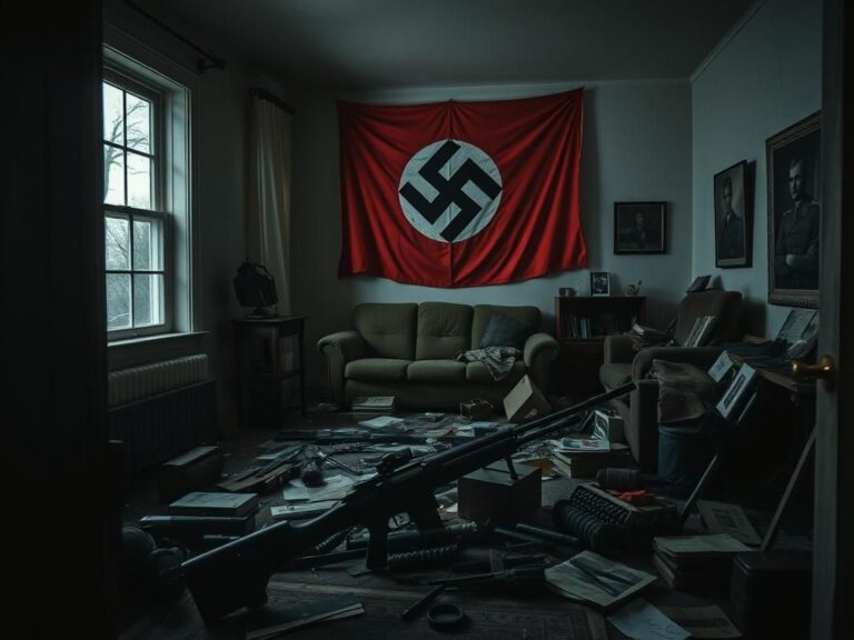 Flick International Dimly lit interior of an abandoned suburban home showcasing an array of military-grade weaponry and a Nazi flag