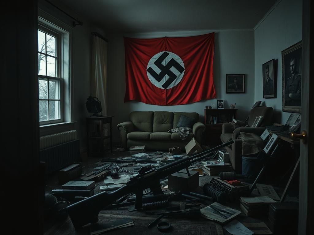 Flick International Dimly lit interior of an abandoned suburban home showcasing an array of military-grade weaponry and a Nazi flag