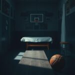 Flick International A solitary basketball resting on a bench in a dimly lit locker room