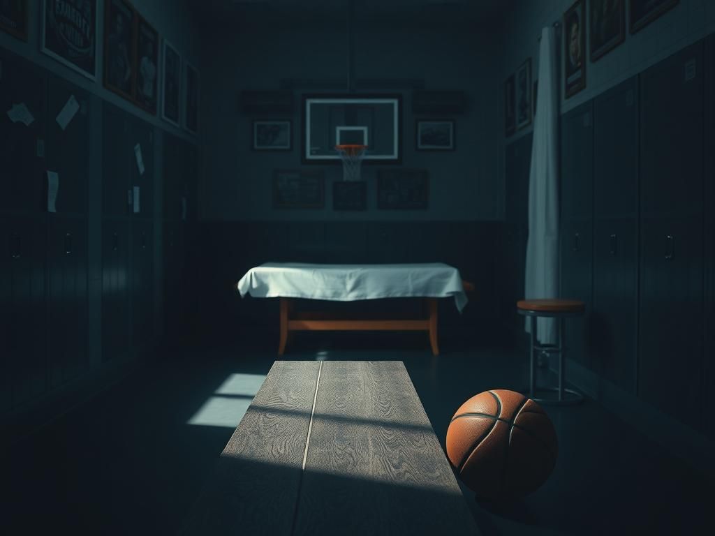 Flick International A solitary basketball resting on a bench in a dimly lit locker room