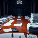 Flick International A detailed view of a government budget meeting with financial documents and a 'Line-by-Line Budget Review' binder.