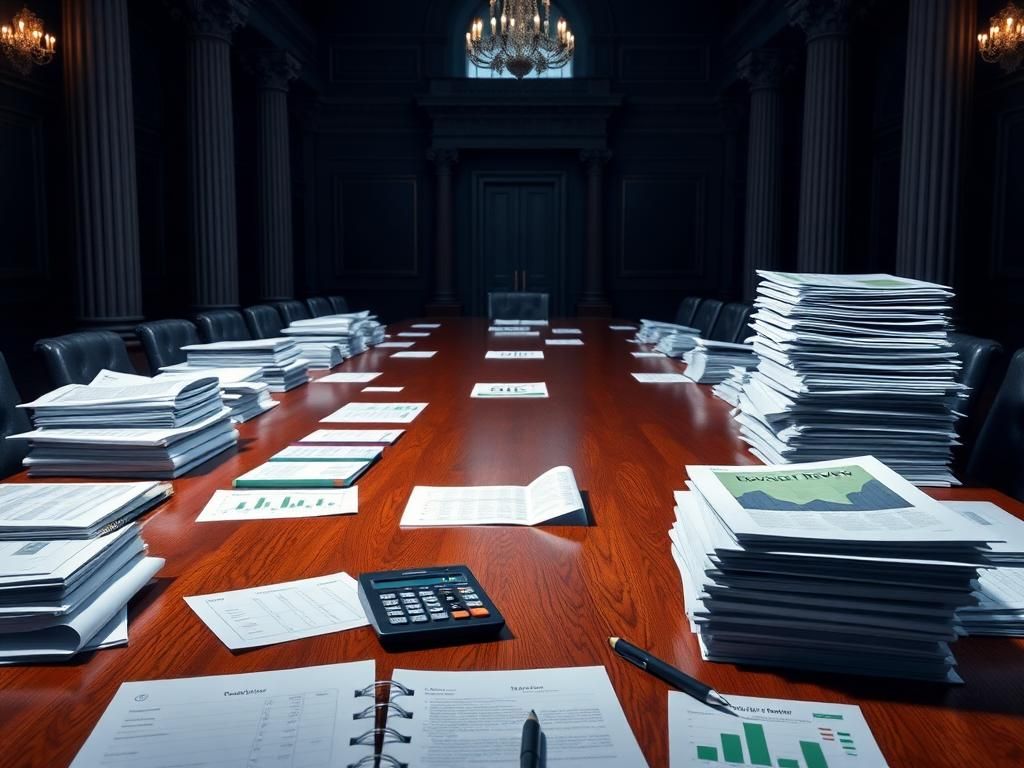 Flick International A detailed view of a government budget meeting with financial documents and a 'Line-by-Line Budget Review' binder.