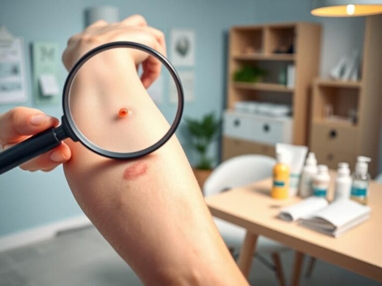Flick International Close-up of a hand holding a magnifying glass over a red spot on skin, indicating potential skin cancer concern.