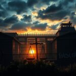 Flick International A dramatic maximum-security prison surrounded by barbed wire at sunset
