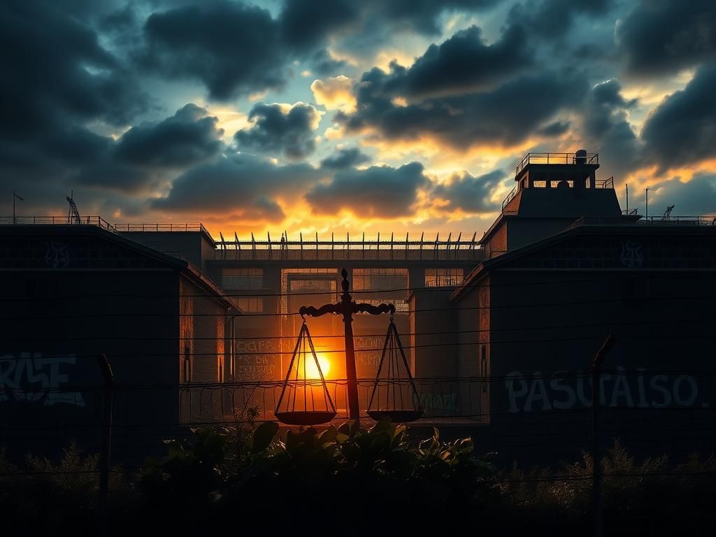 Flick International A dramatic maximum-security prison surrounded by barbed wire at sunset