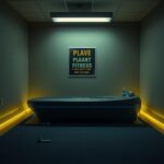 Flick International Dimly lit tanning bed room in a Planet Fitness gym, highlighting a modern tanning bed and worn surroundings.