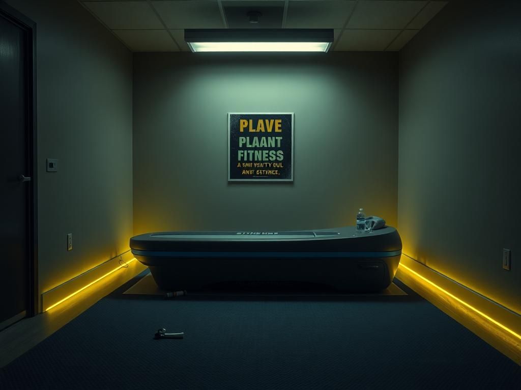 Flick International Dimly lit tanning bed room in a Planet Fitness gym, highlighting a modern tanning bed and worn surroundings.