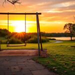 Flick International A serene family park at sunset with an empty swing set, symbolizing childhood and memories.